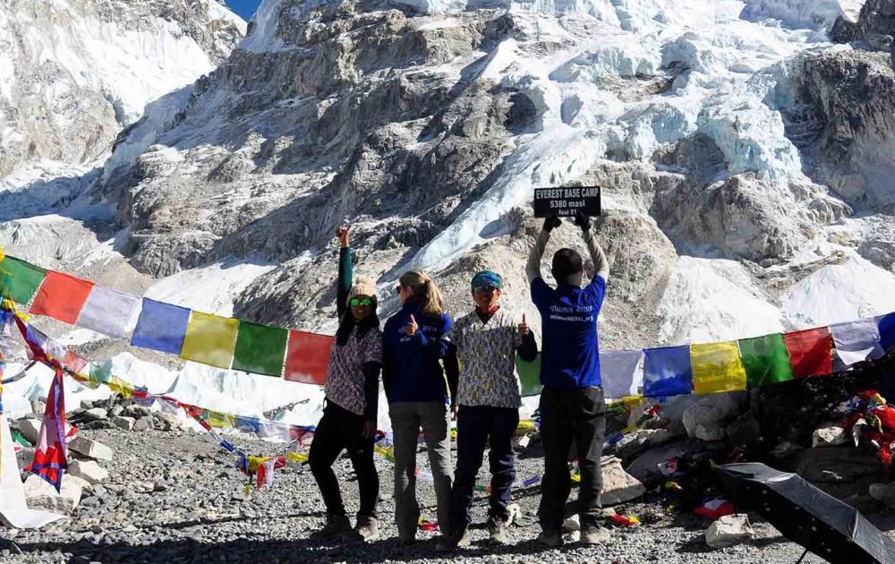  Adventurers trekking towards Everest Base Camp, surrounded by majestic Himalayan peaks.