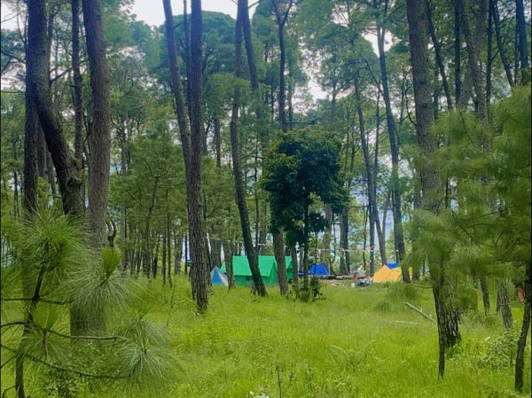 A scenic view of Champadevi Hike and Tent Camping in Hattiban, surrounded by lush greenery and mountains."