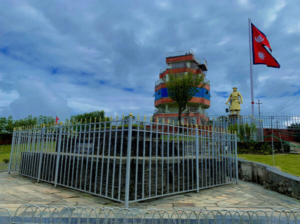 "Stone memorial (Samadhi) and statue of Kazi Kalu Pande in Kalu Pandey Memorial Park, Kathmandu, Nepal."